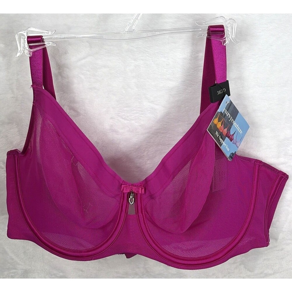 Curvy Couture Sheer Mesh Unlined Underwire Bra Glam Berry Pink Size 38DD NEW